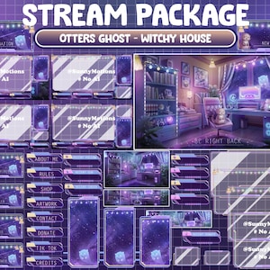 Pacote de transmissão ANIMADO: Lontras Fantasma Bruxa Celestial Sala de jogos, Casa de Halloween Roxa Laranja Noite Estrelada, Alerta de sobreposição de Twitch do Urso de Gelo