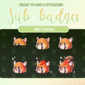 Insignias de suscripción de Twitch de oso panda rojo kawaii / Emotes de streamer de panda rojo lindo / Gráfico de streamer / Animar a los suscriptores / Donación de hojas de bambú