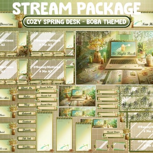 ANIMATED Stream Package: Aesthetic Lo-fi Green Spring Study Desk, Cozy Garden House, Natural Hanging Plant Pot, Flower Vines Twitch Overlay