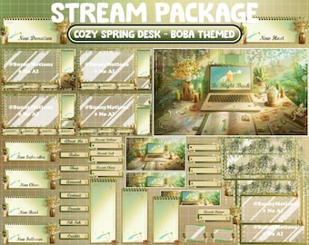 ANIMATED Stream Package: Cozy Green Coffee Study Desk Twitch Overlay, Garden House, Nature Café, Hanging Plant Pot, Flower Vines, Botanical