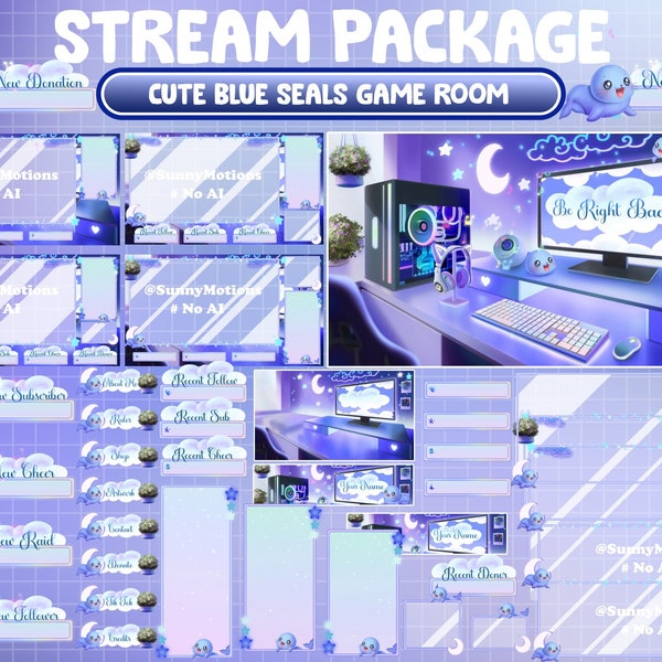 ANIMATED Stream Package: Aesthetic Lo-fi Blue Seals Animal House, Game Room PC Set Up, Cute Sea Seal Twitch Overlay Scene Alert Panel Webcam