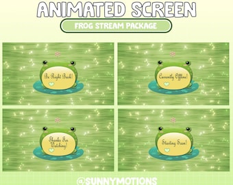 FULL ANIMATED Cute Froggy Twitch Stream Package / Green Frog In Lily Lake / Water / Sparkles / Sage Green / Kawaii Animal / Pastel