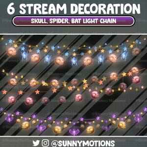 6 Animated Stream Decoration: Aesthetic Spooky Skull, Spider, Bat String Light Twitch Overlay, Colorful Halloween Light Chains Vtuber-Asset