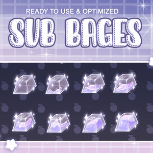 Puede incluir: Ocho insignias de suscripción animadas en morado y blanco dispuestas en una cuadrícula. Las insignias tienen la forma de un cubo con un líquido en su interior. El texto "SUB BADGES" está en la parte superior de la imagen.