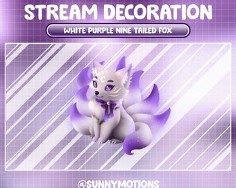Animated Stream Decoration: White Purple Nine Tailed Fox Sitting Twitch Overlay, Crescent Moon Japanese Foxy Vtuber Asset, Webcam Add-on