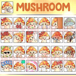 35 Cute Chibi Kawaii Mushroom Twitch Discord Mixer Youtube Emotes / Kawai Fruit Emoji / Subscriber / Loyalty Sub Bit Badge / Toadstool Emote