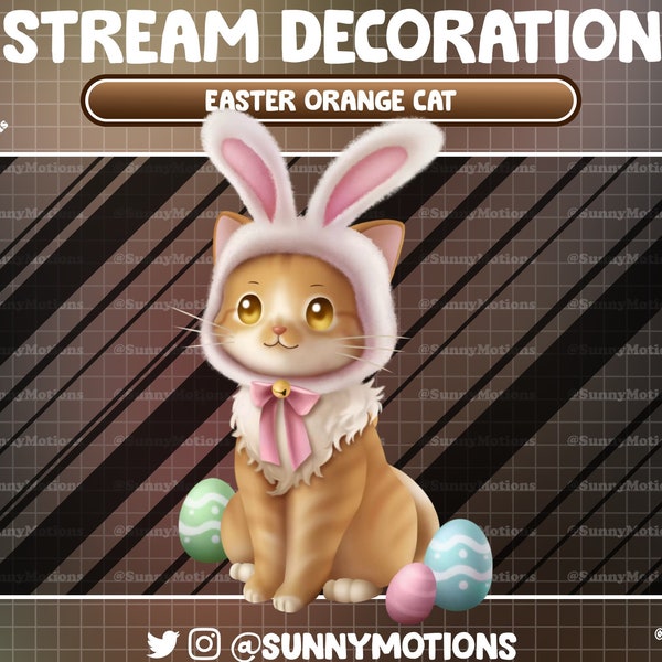 Décoration animée : chat tigré orange de Pâques esthétique lo-fi, chaton calicot roux, bonnet à oreilles de lapin, superposition d'oeufs de Pâques pour les fêtes