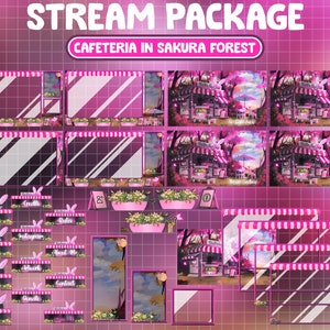 FULL ANIMATED Twitch Overlay Stream Package: Cozy Coffee Shop In Magical Sakura Forest / Caffe / Cake / Spring / Pink Cherry Blossom Flower