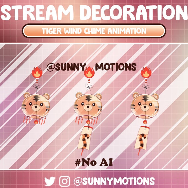 Animated Twitch Stream Decoration Animal: Kawaii Cozy Orange Tiger Wind Chime, Lo-fi Aesthetic Fire Wind Bell Overlay, Cute Vtuber Add-on