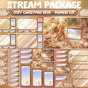 Peut inclure: Un ensemble de flux numérique sur le thème de Noël. Le design comprend divers éléments de superposition avec des accents floraux et décoratifs, des bonhommes de neige et un chat siamois. Le texte comprend "Stream Package", "Cozy Christmas Desk - Siamese Cat", et d'autres étiquettes.
