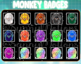 15 Monkey Twitch Loyalty Sub Bit Badges / Kawai Animal Emoji / Cool Sub Badges / Subscriber Badges For Streamers / Angry Neon Monkey Emotes