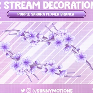 May include: Two purple sakura flower branches with white blossoms and sparkling accents. The branches are on a pink and white striped background. The text "2 STREAM DECORATION" and "PURPLE SAKURA FLOWER BRANCH" is at the top of the image.