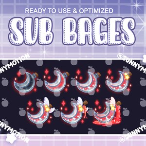 Op de afbeelding: Een set geanimeerde Twitch-sub-badges met een halve maan en een flesje toverdrank. Het flesje toverdrank is gevuld met een rode vloeistof en heeft een ster bovenop. De badges bevinden zich in verschillende stadia van animatie, waarbij het flesje toverdrank lekt en de maan gloeit.