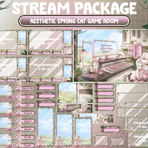 ANIMATED Stream Package: Aesthetic Spring Summer Pink Black Cozy Desk, Potato Twitch Overlay, British Shorthair Cat Vintage Set Up Game Room