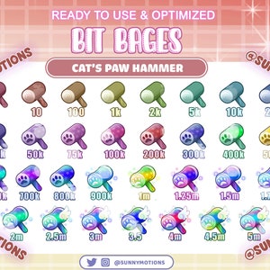 May include: A set of 18 digital cat's paw hammer bit badges in various colours and sizes, ranging from 1 to 5 million. The badges feature a cartoon hammer with a cat paw design. The text "Bit Bages" and "Cat's Paw Hammer" is displayed at the top of the image.