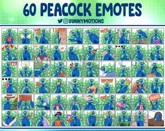 Puede incluir: Un conjunto de 60 emoticonos digitales de pavo real con diversas expresiones y poses. Los emoticonos están diseñados en un estilo de dibujos animados con colores brillantes y una estética lúdica. Los emoticonos son perfectos para usar en Twitch, Discord u otras plataformas en línea.