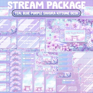 Puede incluir: Un paquete de transmisión de Twitch azul verdoso y morado con un tema de escritorio de kitsune sakura. El paquete incluye una variedad de superposiciones, paneles y alertas, todos con un lindo personaje de kitsune y diseños de flores de cerezo.