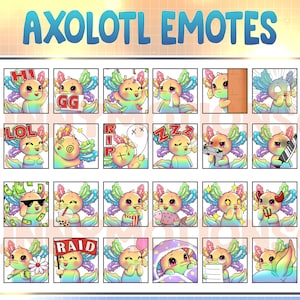 Może przedstawiać: Zbiór kolorowych emotikonów aksolotla z różnymi wyrazami twarzy i działaniami. Tekst "AXOLOTL EMOTES" jest wyświetlany u góry. Każdy emotikon ma unikalny design, w tym serca, okulary przeciwsłoneczne i dymki.