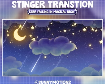 2 Animated Twitch Stream Stinger Transition / Cozy Magical Night Sky / Aesthetic Cloud / Crescent Moon / Star Comet Falling / Kawaii Overlay