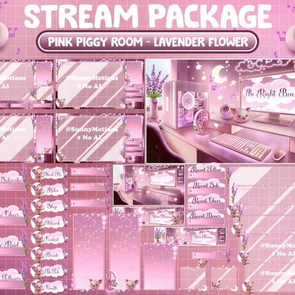ANIMATED Twitch Overlay Stream Package: Lo-fi Aesthetic Pink Piggy, Purple Lavender Flower Plant, Cozy Romantic Gamer Play Room Scene Alerts