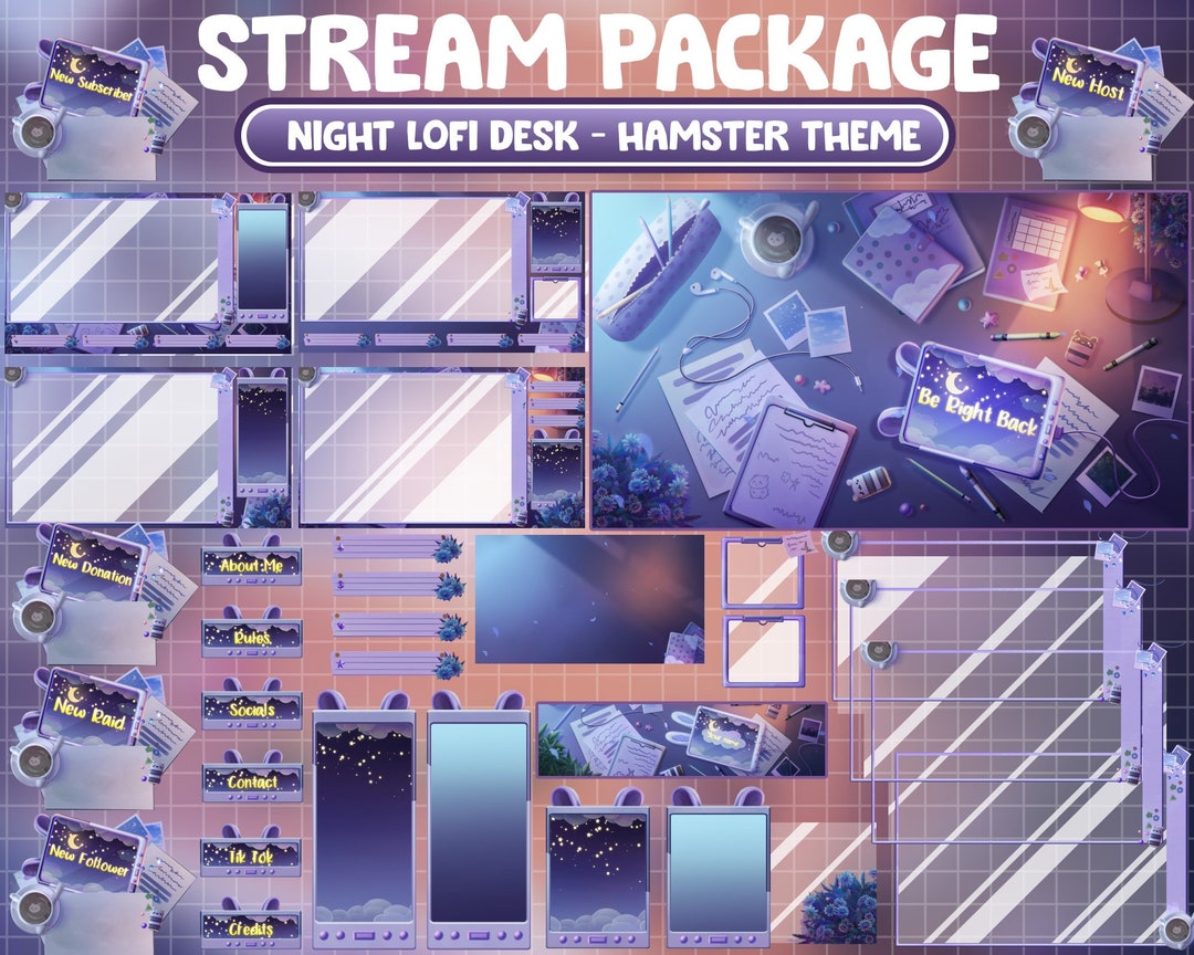 Animated Twitch Stream Package Overlay / Purple Retro Lofi Desk Night ...