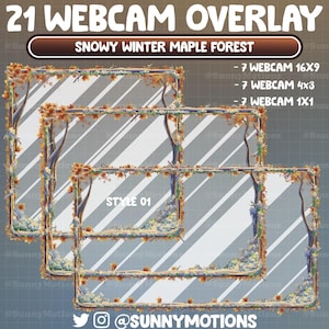 May include: Three different sized webcam overlays featuring a snowy winter maple forest scene. The overlays are labeled "Webcam 16x9", "Webcam 4x3", and "Webcam 1x1".