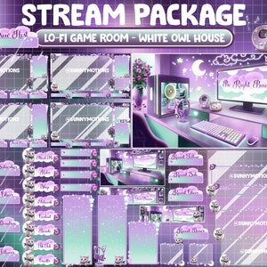 ANIMATED Twitch Overlay Stream Package: Pastel Purple Teal Lo-fi Aesthetic Retro House, Cozy Game Play Room, White Owlet Tiger Monkey Flower