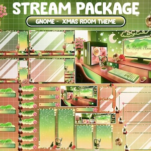 ANIMATED Twitch Overlay Stream Package / Lo-fi Aesthetic Retro PC Set Up Game / Christmas Green Red Room / Gnome / Xmas / Dwarfs / Mushroom
