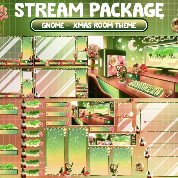 ANIMIERTES Twitch Overlay Stream Paket / Lo-fi Ästhetisches Retro PC Einstell Spiel / Weihnachten Grün Roter Raum / Wichtel / Pilz