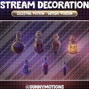 Puede incluir: Siete botellas de vidrio con tapones de corcho llenas de líquidos morados, negros y amarillos. Las botellas están decoradas con varios diseños, incluyendo estrellas, lunas y remolinos. El texto "Celestial Potion - Witchy Poison" se muestra sobre las botellas.