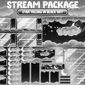 ANIMATED Twitch Stream Package: Black Gray Horror Magical Halloween Night Sky Overlay, Lo-fi Lunar Cloud, Crescent Moon, Comet, Star Falling