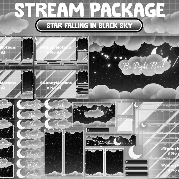 ANIMATED Twitch Stream Package: Black Gray Horror Magical Halloween Night Sky Overlay, Lo-fi Lunar Cloud, Crescent Moon, Comet, Star Falling