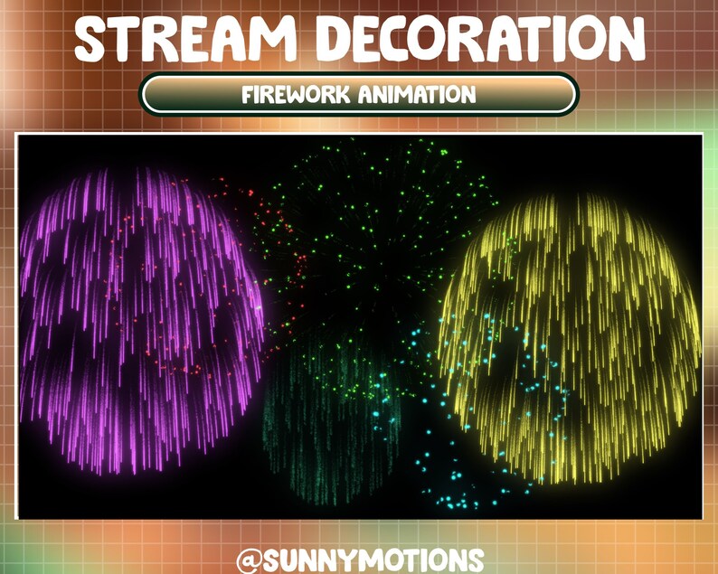 May include: Animated firework display with purple, green, and yellow fireworks exploding against a black background. The text "FIREWORK ANIMATION" is displayed above the fireworks. The text "@SUNNYMOTIONS" is displayed below the fireworks.