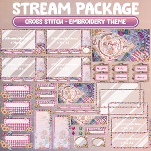 Op de afbeelding: Een digitaal stream-pakket met een kruissteek- en borduurthema, voorzien van roze gingham-patronen, zonnebloemaccenten en diverse interface-overlays. Tekst bevat STREAM PACKAGE, CROSS STITCH - EMBROIDERY THEME, Be Right Back en diverse labels.