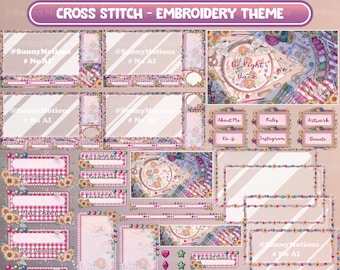 ANIMATED Stream Package: Sunflower Embroidery & Cross Stitch Craft Twitch Overlay, Fluttering Butterflies, Vintage Sewing Tools, Cottagecore