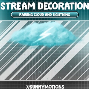 May include: A blue cloud with a lightning bolt and rain drops falling from it. The background is a gray grid with diagonal white lines. The text "RAINING CLOUD AND LIGHTNING" is in a white box above the cloud. The text "@SUNNYMOTIONS" is at the bottom of the image.