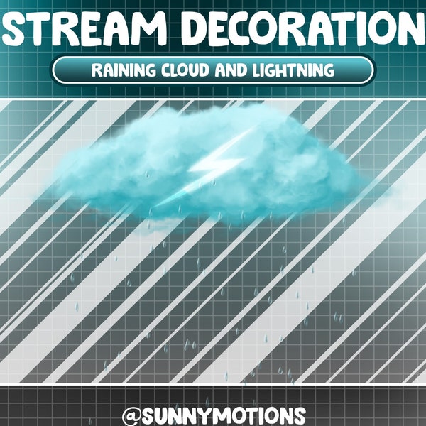 Animated Stream Decoration: Teal Blue Cloud With Lightning Bolt Inside Raining Clouds/ Scary Blue Thunder / Dark Rainy Night Twitch Overlay