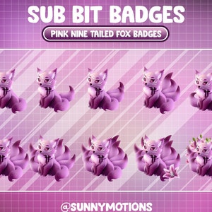 Pink Nine Tailed Fox Twitch Loyalty Sub Bit Badges / Kawai Animal Emoji / Cool Subscriber / Streamer / Emotes / Lily Flower Twitch Overlay