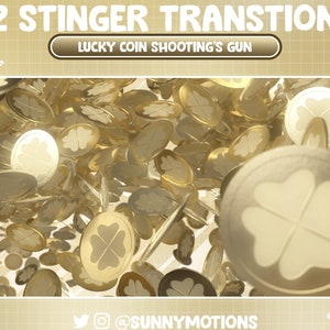 May include: A close-up image of a pile of gold coins with a four-leaf clover design. The coins are falling from the top of the image and are scattered across the bottom. The text "Lucky Coin Shooting's Gun" is displayed in a brown rectangle at the top of the image.