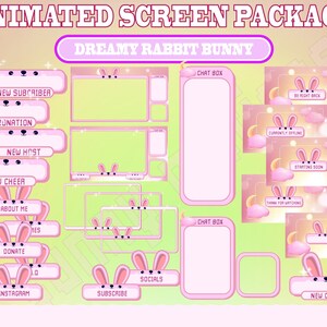 May include: Animated Twitch screen package with a pink and white bunny theme. The package includes a chat box, new subscriber, new donation, new host, new cheer, about me, donate, subscribe, socials, and Instagram alerts. The package also includes a be right back, currently offline, starting soon, and thank you for watching screens.