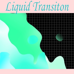 May include: Abstract digital art with a liquid transition effect. The image features a black grid background with a green, blue, and white liquid shape on the left side and a single green circle on the right side.