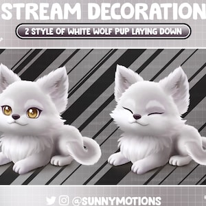 Animated Stream Decoration: Aesthetic Cute White Gray Wolf Pup Laying Down, Baby Wolf Cub Twitch Overlay, Animals Wild Forest Vtuber Asset