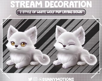Animated Stream Decoration: Aesthetic Cute White Gray Wolf Pup Laying Down, Baby Wolf Cub Twitch Overlay, Animals Wild Forest Vtuber Asset