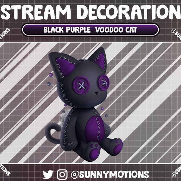 Animated Stream Decoration Horror Animal Plushy: Black Purple Voodoo Kitty, Dark Night Halloween Cat, Scary Witchy Meow Doll Twitch Overlay