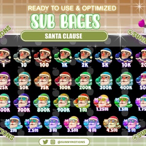 31x Colorful Neon Santa Claus Number Complete Twitch Bit Badges Set, Rainbow Winter Holiday Sub, Kawaii Bit Donation Badges For Streamer