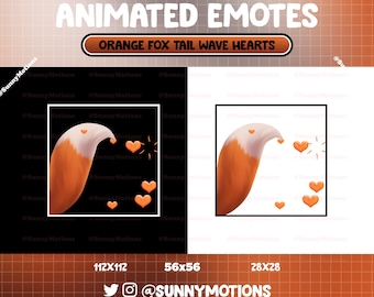 Emote animate per Twitch con coda di volpe arancione e cuore che scodinzola, coda di animale kawaii pastello, emote di San Valentino, streamer carino di lupo, gatto, gattino, cane, Discord