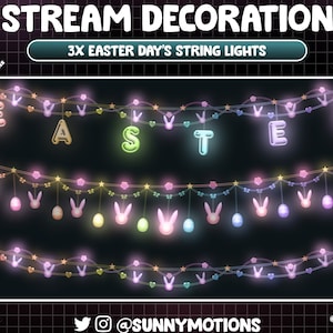 May include: Three sets of pastel colored string lights with bunny and egg shapes. The lights spell out the word "EASTER" in a 3D font.