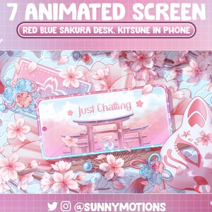 Puede incluir: Pantalla de animaci&oacute;n con un esquema de color rosa y azul. La pantalla muestra un tel&eacute;fono rosa con una m&aacute;scara de kitsune y una puerta de estilo japon&eacute;s. El texto "Just Chatting" se muestra en la pantalla del tel&eacute;fono. El fondo presenta flores de cerezo rosas.