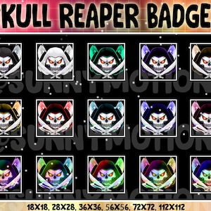 May include: A set of 12 digital badges featuring a skull reaper wearing a hooded cloak in various colors. The badges are available in six different sizes: 18x18, 28x28, 36x36, 56x56, 72x72, and 112x112.