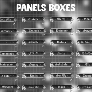 Puede incluir: Gr&aacute;fico en blanco y negro con el texto "PANELS BOXES". Veinticuatro botones rectangulares con etiquetas como "Artwork", "Donate" y "Links", cada uno adornado con un dise&ntilde;o floral. Fondo cuadriculado.